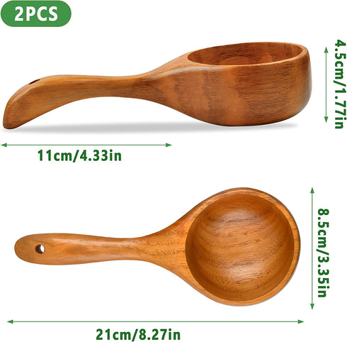 Aemygo 2 Pack Bath Salt Wood Scoops, 9 Inch Multipurpose Wooden Kitchen Scoop Ladle with Long Handle, Water Wooden Scoop for Cooking Bath Salt Rice Beans Soup Flour, Gift for Christmas Birthdays
