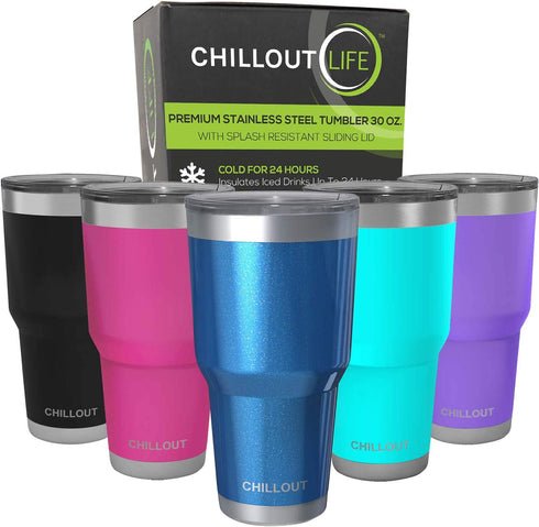 CHILLOUT LIFE 30 oz Stainless Steel Tumbler with Lid - Double Wall Vacuum Insulated Large Travel Coffee Mug with Splash Proof Lid and Straw for Hot & Cold Drinks - Blue Sparkle Tumbler