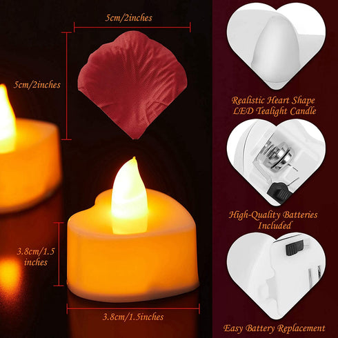 1000 Pieces Artificial Rose Petal with 24 Pieces Romantic Heart LED Candle Flameless Romantic Love LED Tealight Candle for Romantic Night Valentine's Day Anniversary Wedding Table Decor (Yellow)