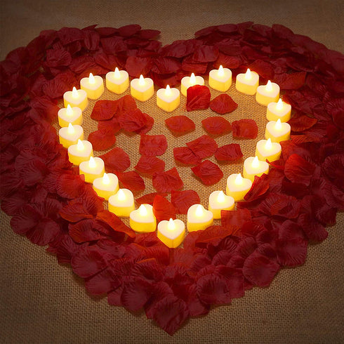 1000 Pieces Artificial Rose Petal with 24 Pieces Romantic Heart LED Candle Flameless Romantic Love LED Tealight Candle for Romantic Night Valentine's Day Anniversary Wedding Table Decor (Yellow)