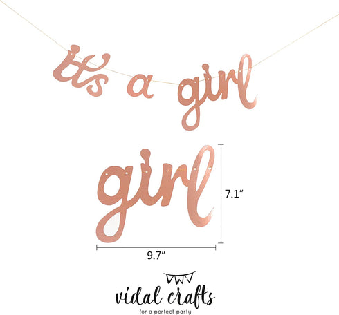 VIDAL CRAFTS Rose Gold Baby Shower Decorations for Girl, It's a Girl Banner, BABY Girl Foil Balloons, 36 Pieces Rose Gold Balloon Arch, Confetti Balloons, Paper Fans, Rose Gold and White Theme Décor