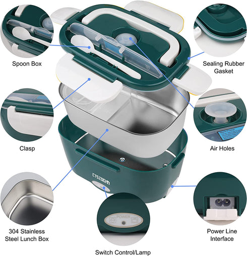 Electric Lunch Box -- Toursion Portable Food Heater 2 in 1 for Car/Truck and Work 110V&12V-24V 40W, Removable Stainless Steel Portable Food Warmer 1.5L, Spoon and 2 Compartments Included (Dark Green)