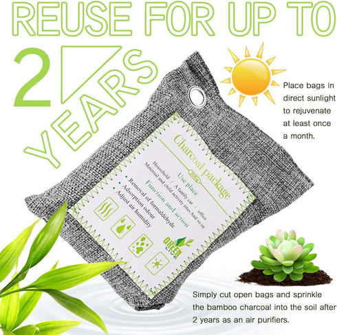 10PCS Bamboo Charcoal Air Purifying Bags with 5 Hanging Hooks, Activated Charcoal Odor Remover, 5 x 200g, 5 x 75g Moisture Absorber Closet Purifier for Shoes, Pets, Bathroom, Basement