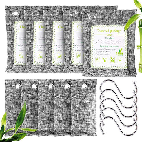 10PCS Bamboo Charcoal Air Purifying Bags with 5 Hanging Hooks, Activated Charcoal Odor Remover, 5 x 200g, 5 x 75g Moisture Absorber Closet Purifier for Shoes, Pets, Bathroom, Basement