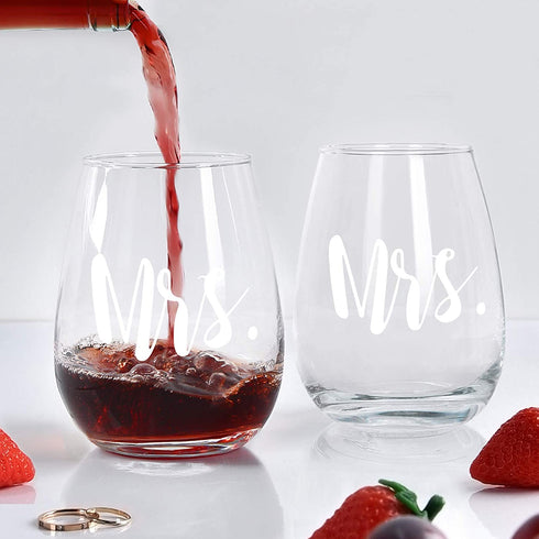 Modwnfy Mrs and Mrs Stemless Wine Glass Set of 2, Couple Set for Her Wife Girlfriend Lesbian Couple, Unique Gift Idea for Wedding Engagement Valentines Day Birthday Anniversary, 15 Oz