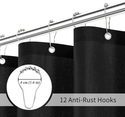 Textured ‹Fabric Shower Curtain - Polyester Shower Curtains for Bathroom, Water Repellent, Hotel Spa Luxury with 12 Hooks, Machine Washable, Decorative Bathroom Curtain Black 72 x 72