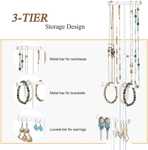 Love-KANKEI Jewelry Tree Stand White Metal and Wood Basic Large Storage Jewelry Organizer for Necklaces Bracelets Earrings Holder Jewelry Display White and Carbonized Black