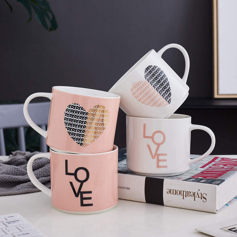 Set Of 4 Womans Gifts Ideas Stacking Mugs Inspirational Coffee Novelty Mug Gift Set, Funny Mug Gift Set - Him And Her Gifts Holiday, Birthday, Valentine Day Gifts. 14 Oz. Pink