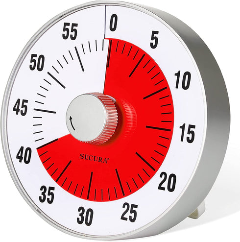 Secura 7.5-Inch Oversize Visual Countdown Timer, 60-Minute Kitchen Timer | Time Management Tool for Kids, Teachers and Adults (Red)