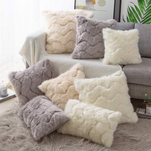 SODCOFT Luxury Wave Pattern Fur Throw Pillow Covers Cushion Covers Soft Decorative Pillowcase for Couch Sofa Bed Car,Beige 16 x 16 Inches