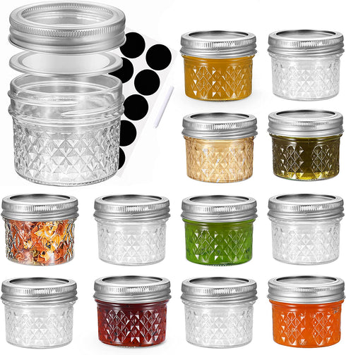 FRUITEAM 4 oz 12 PACK Mini Mason Jars with Lids and Bands, Quilted Crystal Jars Ideal for Food Storage, Jam, Body Butters, Jelly, Wedding Favors, Baby Foods
