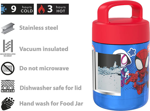 Zak Designs Kids' Vacuum Insulated Stainless Steel Food Jar with Carry Handle, Thermal Container for Travel Meals and Lunch On The Go, 12 oz, Spidey and His Amazing Friends
