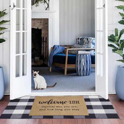 Welcome Mats for Front Door Outdoor Entry Welcome Ish Depends Who You are Doormat Non-Slip Rubber Mat for Home Indoor Farmhouse Funny Kitchen Rugs Balcony Patio Full Brown