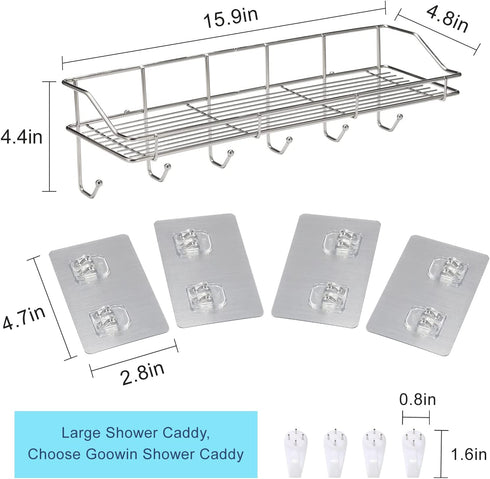 Shower Caddy, Goowin Shower Organizer, Large Size Shower Shelf, Stainless Steel Rustproof Shower Rack, Adhesive Shower Caddy with 6 Hooks, 2-in-1 Kitchen Shower Shelves (Polish Sliver)