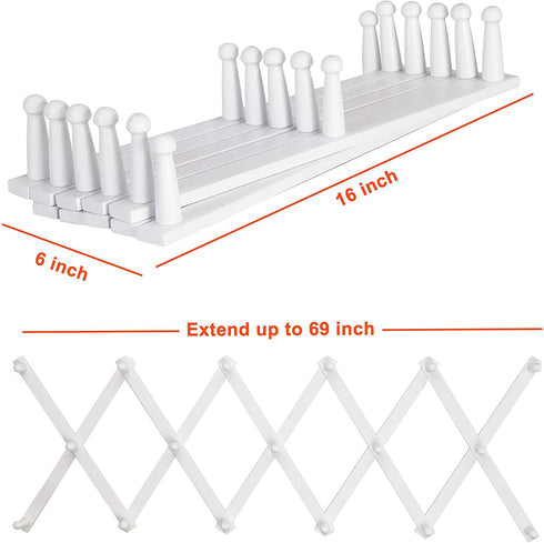 Dseap Accordian Wall Hanger: 16 High Wooden Wall Expandable Coat Rack, Hat Rack Holder, Accordion Hook for Baseball Caps, Coats, Mugs, 17 Peg Hooks, White