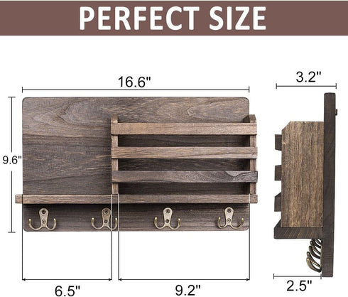Mail and Key Holder for Wall Decorative - Wall Mounted Rustic Mail Organizer with 4 Double Hooks and Mail Rack, Wood Shelf Home Decor for Entryway, Mudroom, Hallway
