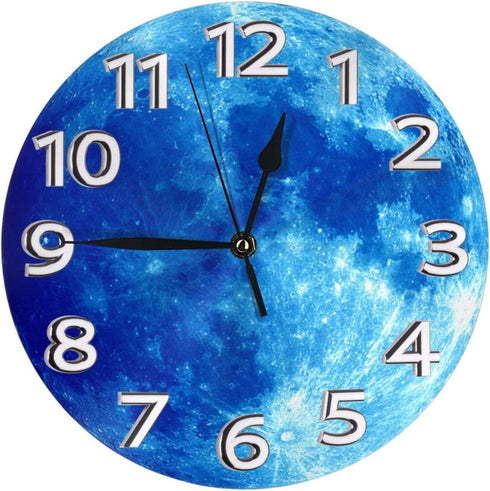 MySty Blue Full Moon Wall Clock, Silent Non-Ticking Quality Quartz Battery Operated Wall Clock - 10 Inch Round Easy to Read Decorative for Home Office School