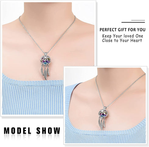 shajwo Cremation Jewelry Dream Catcher Urn Necklaces for Ashes Flower Feather Keepsake Memorial Hollow Pendant for Women Men
