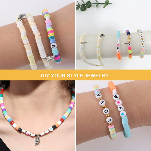6000Pcs Clay Beads Kit, Heishi Beads for Jewelry Making, 24 Colors Flat Beads 6mm Polymer Clay Spacer Beads, Necklace Bracelet Making Kit with Pendant Charms Kit, Letter Beads, Fruit Beads, Jump Rings