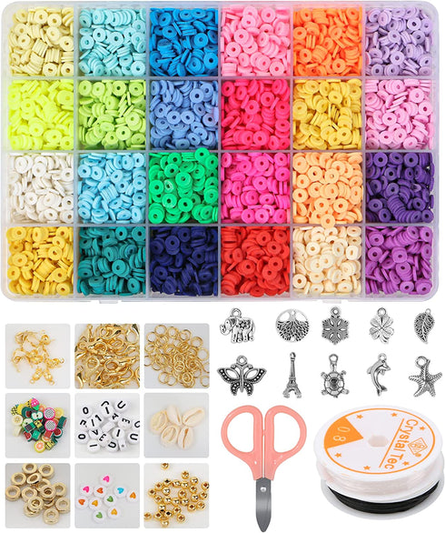 6000Pcs Clay Beads Kit, Heishi Beads for Jewelry Making, 24 Colors Flat Beads 6mm Polymer Clay Spacer Beads, Necklace Bracelet Making Kit with Pendant Charms Kit, Letter Beads, Fruit Beads, Jump Rings