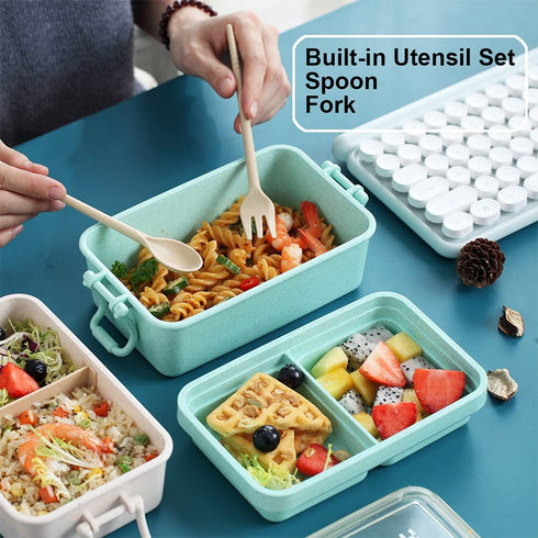 Iteryn Stackable Bento Lunch Box, Eco-Friendly Wheat Fibre Bento Box for Kids Adult, 2 Layer 3 Compartment Lunch Containers, Microwave Safe - Green