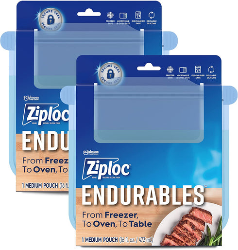 Ziploc Endurables Medium Pouch, 2 Cups, Reusable Silicone Bags and Food Storage Meal Prep Containers for Freezer, Oven, and Microwave, Dishwasher Safe, 2 Pack