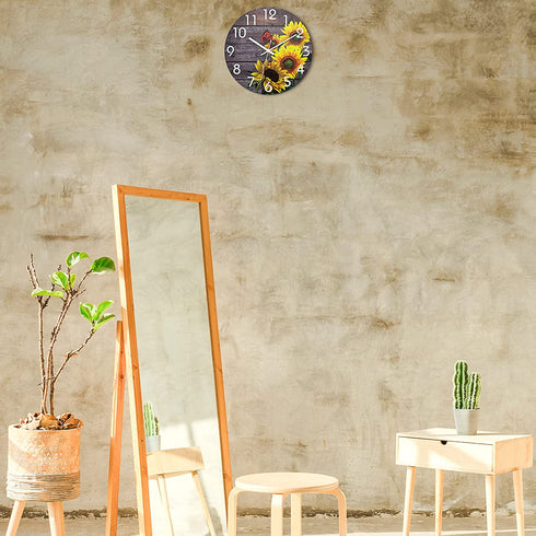 Lumuasky Sunflowers Wooden Wall Clock, 12 Inch Battery Operated Silent Non Ticking Round Retro Decorative Clock for Bathroom, Bedroom, Living Room, Kitchen, Office, School (Butterfly)
