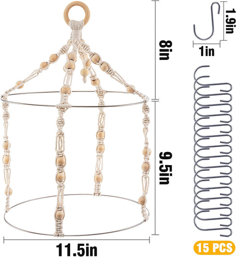 Boho Herb Drying Rack Double- Macrame Flower Drying Rack with 15 Hooks Handcrafted Woven Hanging Herb Dryer with Cotton Rope Wooden Hanging Ring Herb Hangers for Drying Air Plants Spices Flowers