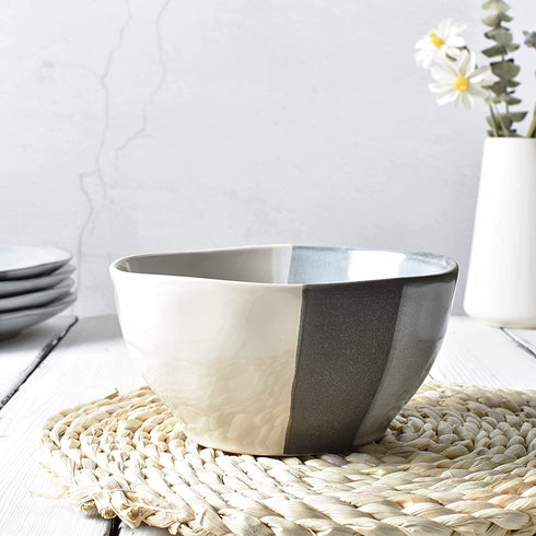 Bosmarlin Ceramic Soup Bowl Set of 4, 28 Oz, Cereal Bowl for Oatmeal, Dishwasher and Microwave Safe, Geometric Pattern (Grey, 6 inches)