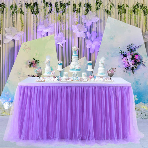 Suppromo 6ft Purple Table Skirt Tulle Table Cloth Tutu Table Skirt for Rectangle Tables or Round Tables for Baby Shower Girls Mermaid Birthday Party Wedding Decorations(L6(ft) H 30in, Purple)