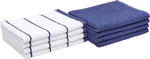 Amazon Basics 100% Cotton Terry Kitchen Dish Towels, Popcorn Texture - 8-Pack, Navy Stripe