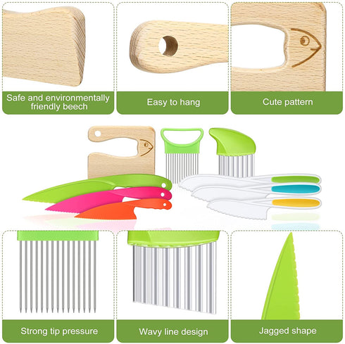 9 Pieces Wooden Kids Kitchen Knife, Include 6 Pieces Kids Plastic Knife Wooden Kids Knife Potato Slicers and Onion Slicer Wood Kids Knife Kids Plastic Knife for Kitchen (Fish Style)