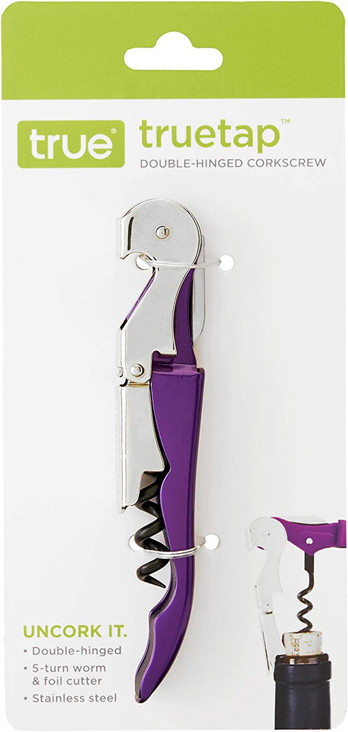 True TrueTap Metallic Purple Double Hinged Waiters Corkscrew, Stainless Steel Wine Key with Foil Cutter 4.75x0.5x1