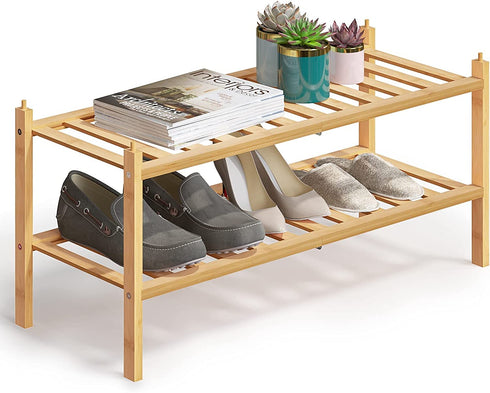 BAMFOX 2-Tier Shoe Rack,Bamboo Stackable Shoe Storage Organizer Unit Entryway Shelf,27.2"x11"x13.2" in Natural Color