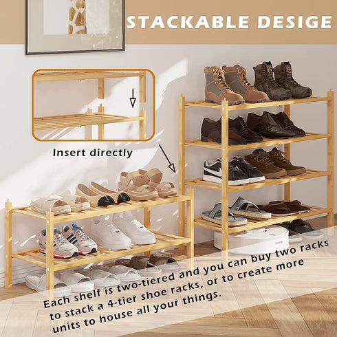 BAMFOX 2-Tier Shoe Rack,Bamboo Stackable Shoe Storage Organizer Unit Entryway Shelf,27.2"x11"x13.2" in Natural Color