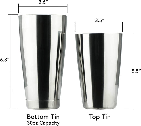 PG Boston Cocktail Kit - 4PC Premium Stainless Steel Shaker Set - 30oz Gloss Finish 2-Piece Shaker with Cocktail Strainer and Double Jigger