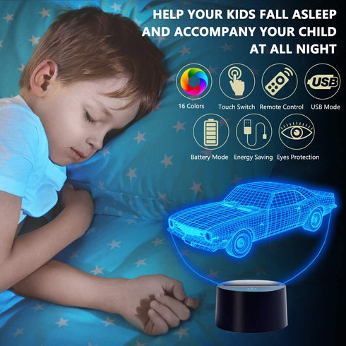 Muscle Car 3D Illusion Birthday Present Beside Table Lamp, Urwise 7 Color Changing Touch Switch Decoration Night Lamp with Acrylic Flat, ABS Base, USB Cable, Car Theme Toy, Amazing Creative Art