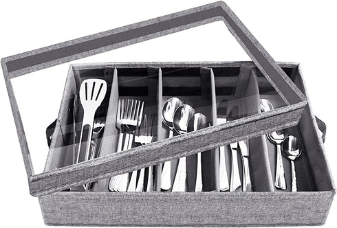 Flatware Storage Case - 5 Compartment Tableware Cutlery Container Chest with Removable PVC Lid and Easy to Carry Handles,Large Capacity Utensils,Silverware,Flatware Box(Light Grey)