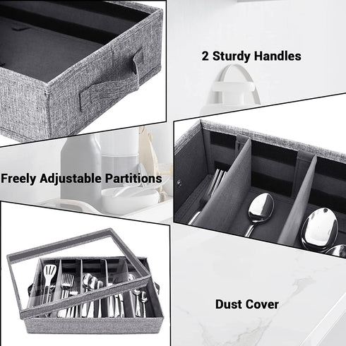 Flatware Storage Case - 5 Compartment Tableware Cutlery Container Chest with Removable PVC Lid and Easy to Carry Handles,Large Capacity Utensils,Silverware,Flatware Box(Light Grey)