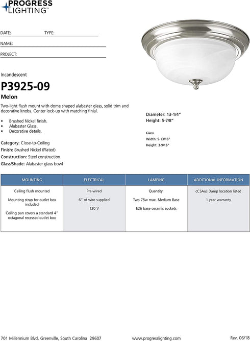 Progress Lighting P3925-09 Close-to-Ceiling, Nickel