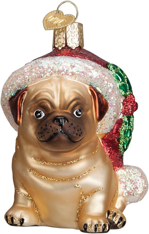 Old World Christmas Ornaments: Holly Hat Pug Glass Blown Ornaments for Christmas Tree (12430)