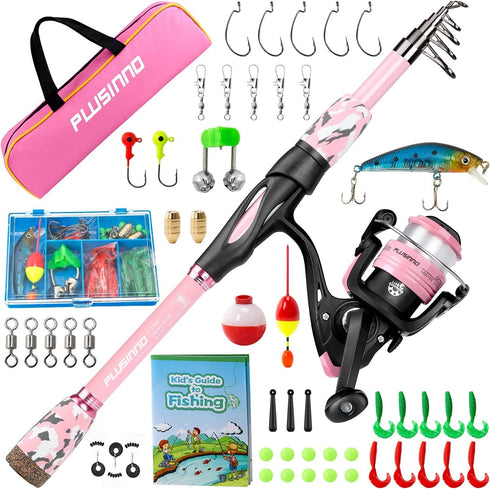PLUSINNO Kids Fishing Pole, Portable Telescopic Fishing Rod and Reel Combo Kit - with Spinning Fishing Reel Tackle Box for Boys, Girls, Youth