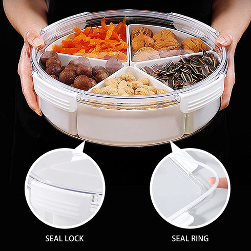 Round Plastic Divided Serving Tray with Lids, Snack fruit tray, 5 Compartment Round Food Storage Lunch Organizer, food storage lunch storage box, vegetarian candy snack party appetizer tray