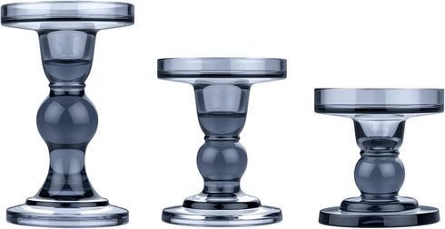 Lewondr Glass Candle Holders, 3 Pieces Crystal Clear Candlesticks with Elegant Design for Pillar Taper Candle and Tea Light, Home Table Living Room Wedding Party Decorations Home D©cor - Smoky Blue