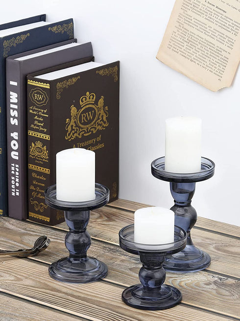 Lewondr Glass Candle Holders, 3 Pieces Crystal Clear Candlesticks with Elegant Design for Pillar Taper Candle and Tea Light, Home Table Living Room Wedding Party Decorations Home D©cor - Smoky Blue