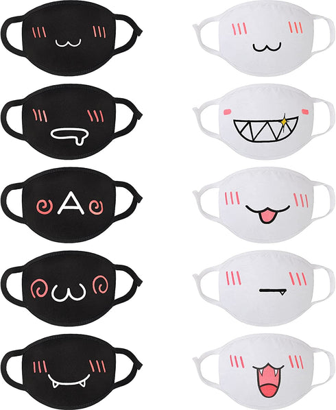 10 Pieces Kawaii Mask Anime Face Mouth Mask Cute Mouth Covering Reusable Washable Mouth Mask for Women Girls Kids, Black and White