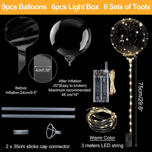 6 Sets Warm LED Light Up BoBo Balloons, 24 Inch Transparent Balloons with 10 Feet LED Warm String Lights, 9 Clear Bobo Balloons and 3 Levels Flashing LED String Lights for Christmas Wedding Party