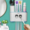 WREWING Toothbrush Holder Multi-Function Wall-Mounted Automatic Toothpaste Dispenser and Dust-Proof Toothbrush Holder with 5 Brush Slots 4 Cups 2 Automatic Toothpaste Dispensers 1 Storage Slot For Bat