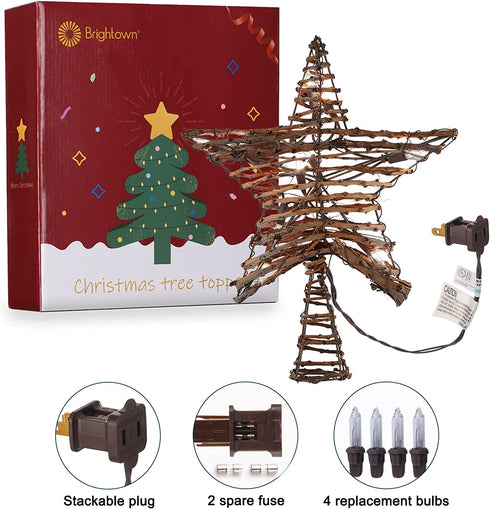 Christmas Star Tree Topper,12" Rattan 3D Star Tree Topper Plug in Metal Hollow Designed Built in 10 Bulbs String Lights for Indoor Office Xmas Christmas New Year Holiday Tree Decoration
