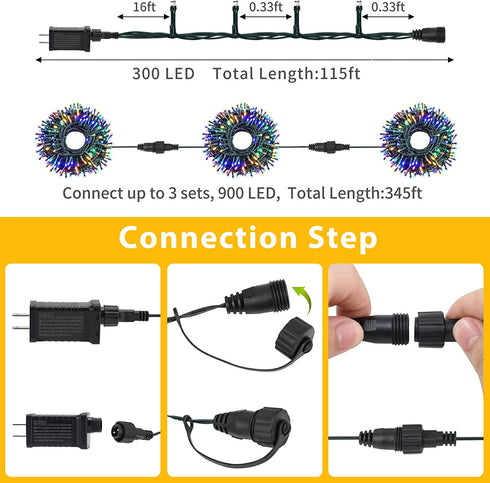 QUWIN Waterproof LED Outdoor Christmas String Lights, LED UL Certified 8 Modes with End-to-End Plug, Indoor & Outside Fairy Light for Christmas Tree, Patio, Wedding, Party (115Ft Multi-Color)